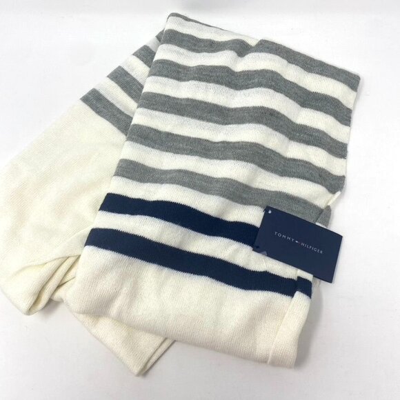 Tommy Hilfiger NWT Knit Infinity Scarf Ivory Grey Navy Stripes Fall Casual - Picture 2 of 10